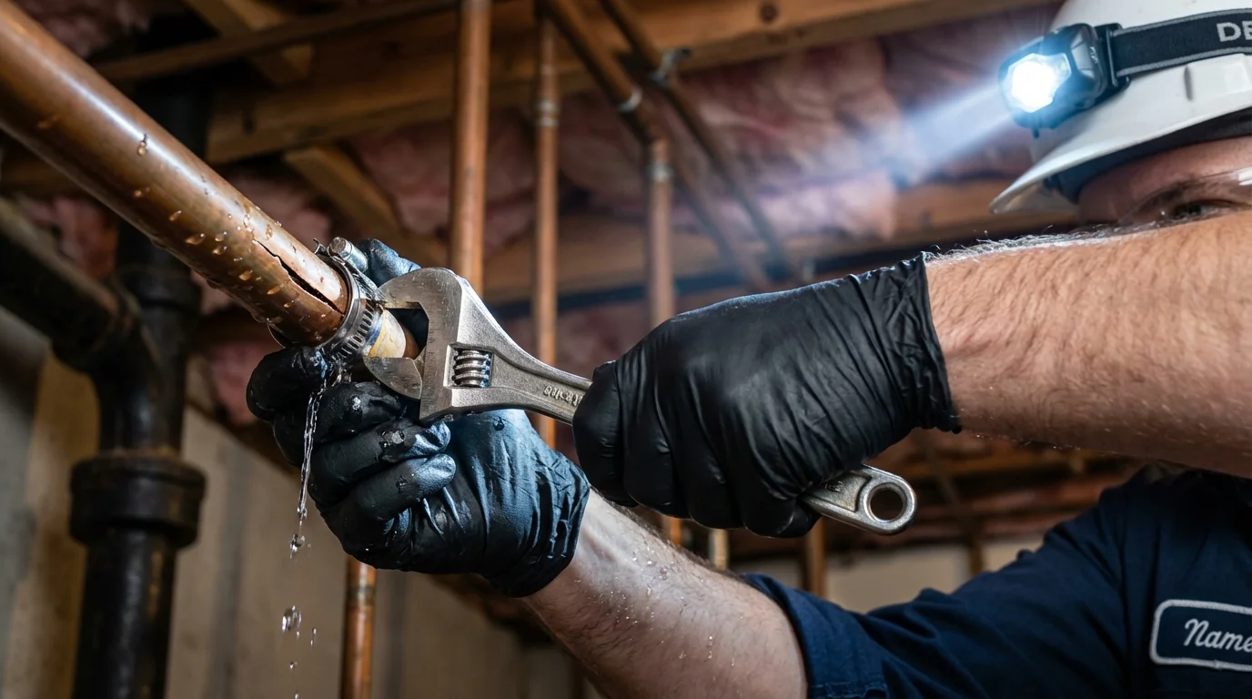 Emergency pipe clamp repair being performed by a Johns Plumbing LLC plumber in Xenia