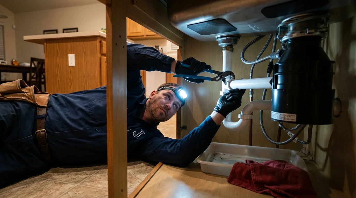 P-trap and supply line connections under a kitchen sink showing a common leak point in Xenia, OH